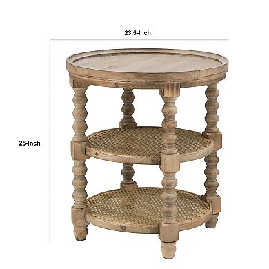 Jake 25 Inch 3 Tier Side Table, Fir Wood, 2 Woven Wicker Shelves, Brown