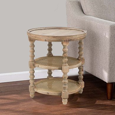 Jake 25 Inch 3 Tier Side Table, Fir Wood, 2 Woven Wicker Shelves, Brown
