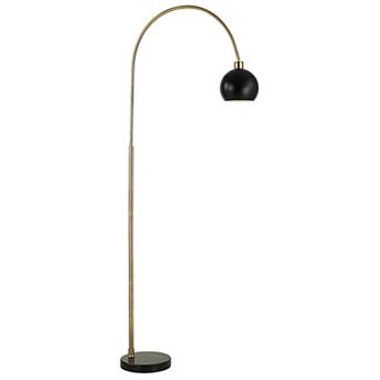 72 Inch Arc Floor Lamp, Black Metal Shade, Marble Foot, Antique Brass