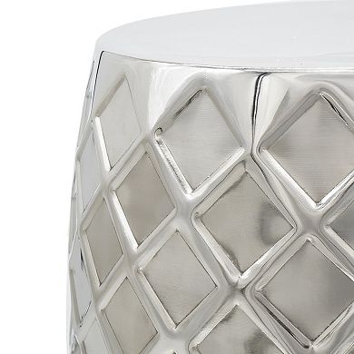 20 Inch Stool Table, Modern, Aluminum Metal, Drum Shape, Elegant Silver