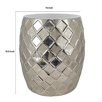 20 Inch Stool Table, Modern, Aluminum Metal, Drum Shape, Elegant Silver