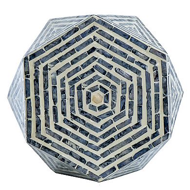 18 Inch Accent Table Stool, Hexagonal Design, Diamond Pattern, Blue, White