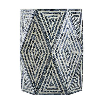 18 Inch Accent Table Stool, Hexagonal Design, Diamond Pattern, Blue, White