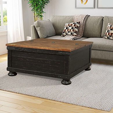Square Wooden Lift Top Cocktail Table With Trunk Storage, Brown And Black