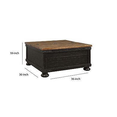 Square Wooden Lift Top Cocktail Table With Trunk Storage, Brown And Black