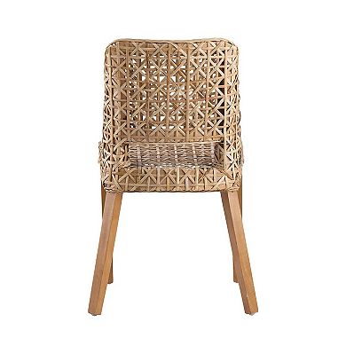 21 Inch Dining Side Chair, Woven Rattan Backrest, Wood Frame, Natural Brown