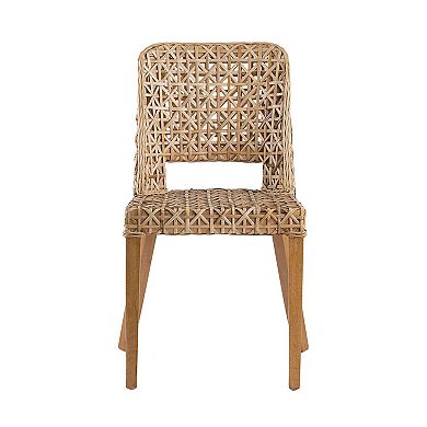 21 Inch Dining Side Chair, Woven Rattan Backrest, Wood Frame, Natural Brown