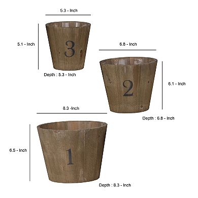 Wooden Planter With Round Base And Assorted Sizes, Set Of 3, Brown