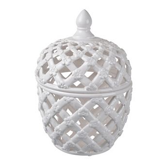 Decorative Ceramic Lidded Jar With Cut Out Texture, Large, White