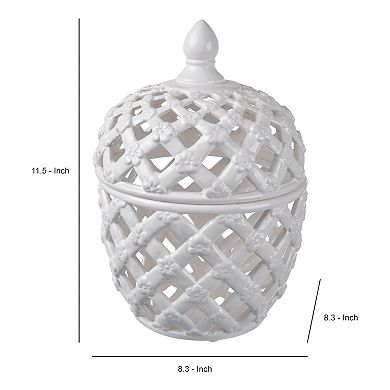 Decorative Ceramic Lidded Jar With Cut Out Texture, Large, White