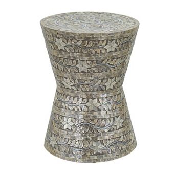 19 Inch Luxury Accent Table Stool, Star Foliage Pattern, Gray And Brown