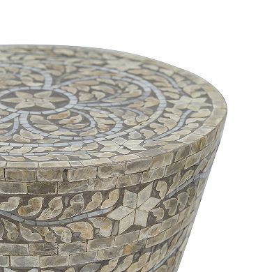 19 Inch Luxury Accent Table Stool, Star Foliage Pattern, Gray And Brown