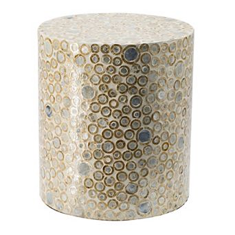 16 Inch Cylindrical Luxury Accent Table Decorative Stool, Blue, Gold, White