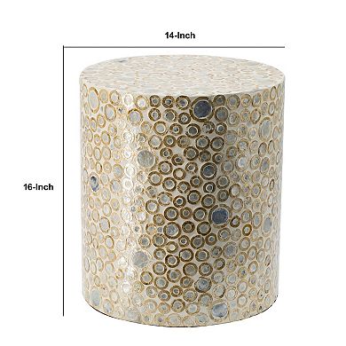 16 Inch Cylindrical Luxury Accent Table Decorative Stool, Blue, Gold, White