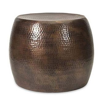 20 Inch Classic Iron Low Accent Table, Round Top, Drum Shape, Brown