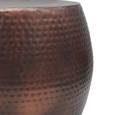 20 Inch Classic Iron Low Accent Table, Round Top, Drum Shape, Brown