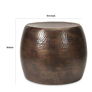 20 Inch Classic Iron Low Accent Table, Round Top, Drum Shape, Brown