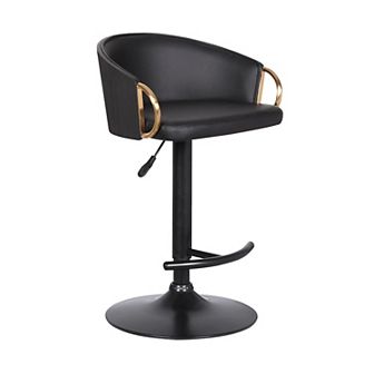 Adjustable Leatherette Swivel Barstool With Arched Seat, Black And Gold