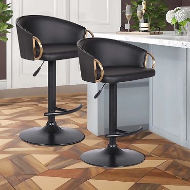 Adjustable Leatherette Swivel Barstool With Arched Seat, Black And Gold