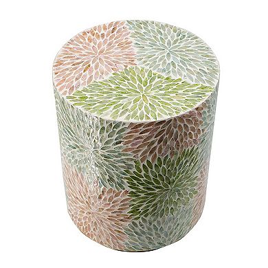 14 Inch Cylindrical Capiz Shell Accent Table Stool, Elegant Leaves Pattern