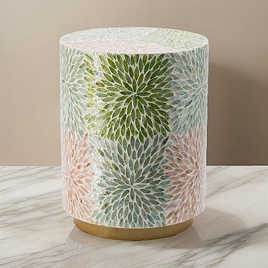 14 Inch Cylindrical Capiz Shell Accent Table Stool, Elegant Leaves Pattern