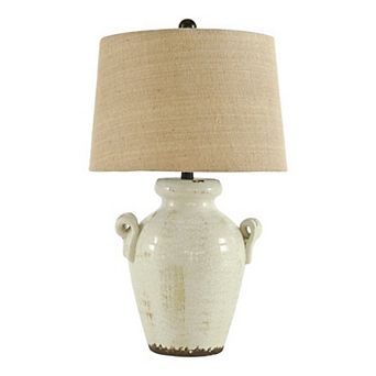 Ceramic Table Lamp With Vase Shaped Body And Fabric Shade, White And Beige