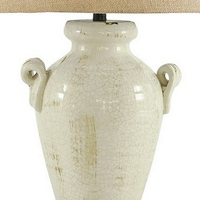 Ceramic Table Lamp With Vase Shaped Body And Fabric Shade, White And Beige