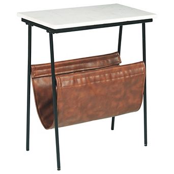 Marble Top Accent Table With Faux Leather Swing Holder, White And Brown