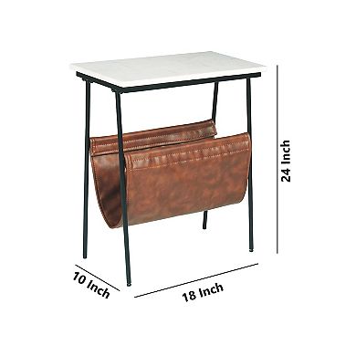 Marble Top Accent Table With Faux Leather Swing Holder, White And Brown