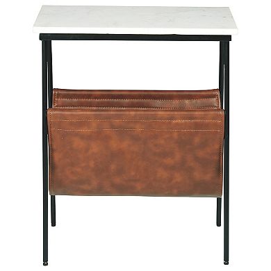 Marble Top Accent Table With Faux Leather Swing Holder, White And Brown
