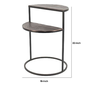 22 Inch Modern Metal Round Accent Table, 2 Half Circle Shelves, Wood, Brown