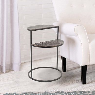 22 Inch Modern Metal Round Accent Table, 2 Half Circle Shelves, Wood, Brown