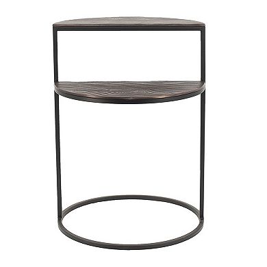 22 Inch Modern Metal Round Accent Table, 2 Half Circle Shelves, Wood, Brown