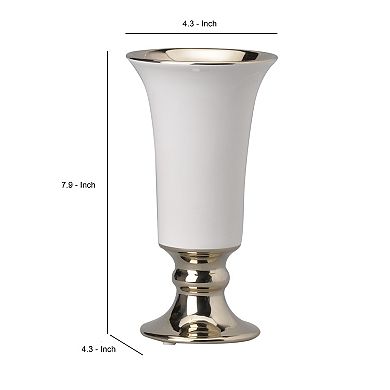 Ceramic Vase With Flared Top And Pedestal Base, Medium, White And Gold