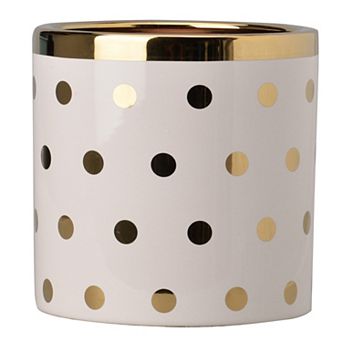 Ceramic Cylindrical Planter With Polka Dots Pattern, White And Gold