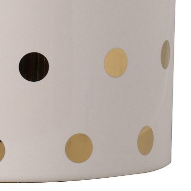 Ceramic Cylindrical Planter With Polka Dots Pattern, White And Gold
