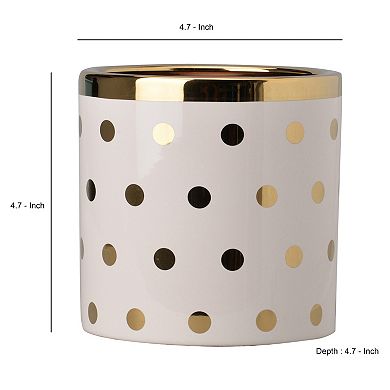 Ceramic Cylindrical Planter With Polka Dots Pattern, White And Gold