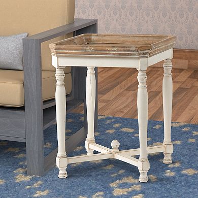 Square Shaped Wooden Side Table With Cross Base, Brown & Gray