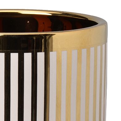 Ceramic Cylindrical Planter With Strips Pattern, White And Gold