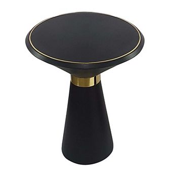 22 Inch Round Mango Wood Side Table, Smooth Brass Accents, Black Finish
