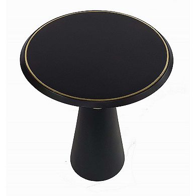 22 Inch Round Mango Wood Side Table, Smooth Brass Accents, Black Finish