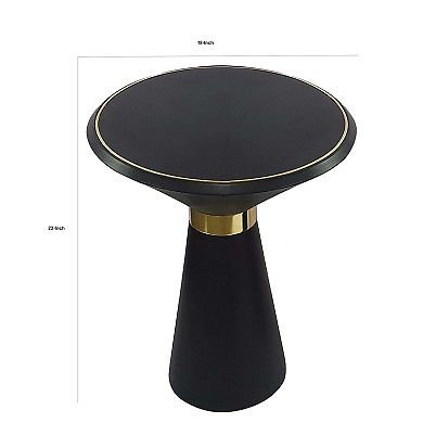 22 Inch Round Mango Wood Side Table, Smooth Brass Accents, Black Finish