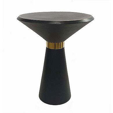 22 Inch Round Mango Wood Side Table, Smooth Brass Accents, Black Finish