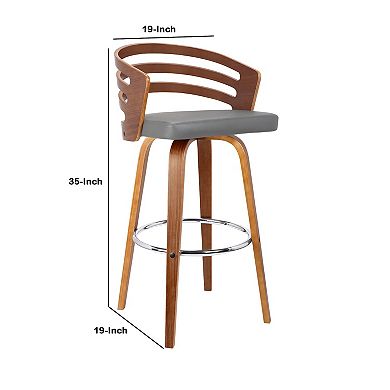 Leatherette Swivel Wooden Counter Stool With Curved Back, Brown And Gray