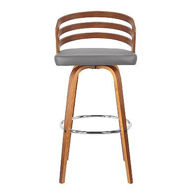 Leatherette Swivel Wooden Counter Stool With Curved Back, Brown And Gray