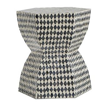 17 Inch Modern Hexagonal Table Stool, Capiz Inlaid Platform, White, Black