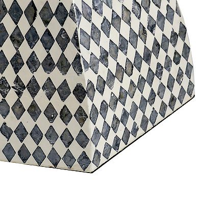 17 Inch Modern Hexagonal Table Stool, Capiz Inlaid Platform, White, Black