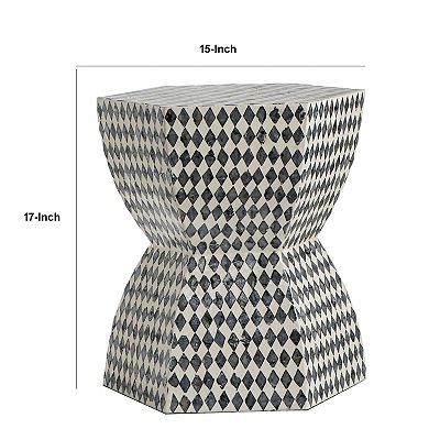 17 Inch Modern Hexagonal Table Stool, Capiz Inlaid Platform, White, Black