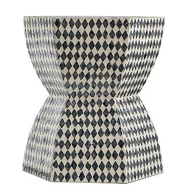 17 Inch Modern Hexagonal Table Stool, Capiz Inlaid Platform, White, Black