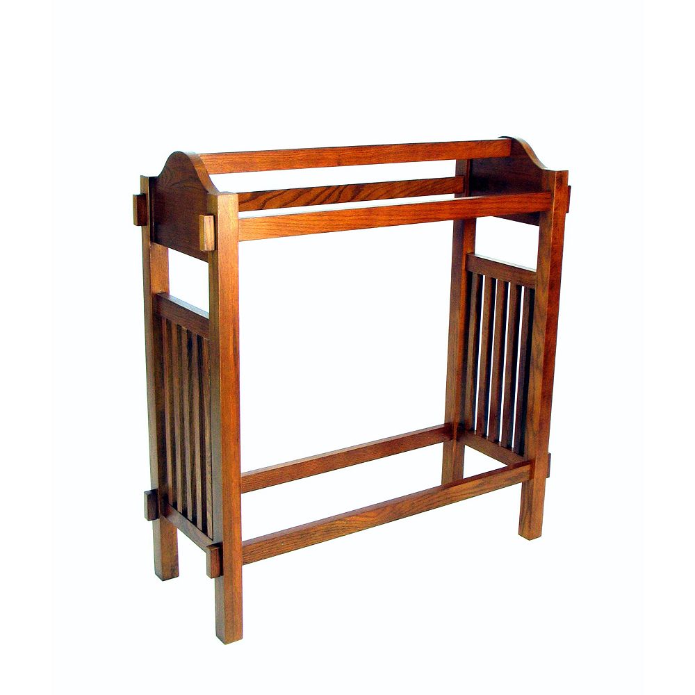 Wooden Mission Style Quilt Rack With 3 Hanging Bars On Scrolled Top, Brown